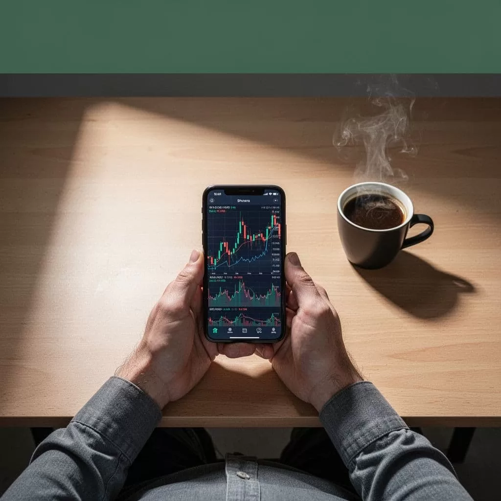 A person checking financial charts on a smartphone at a minimalist wooden desk.