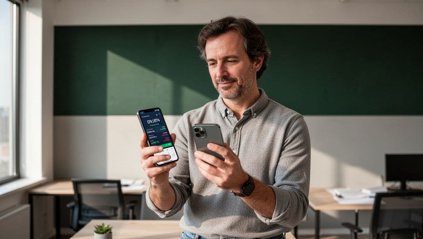 A person checks a money transfer app on their smartphone at an office desk.