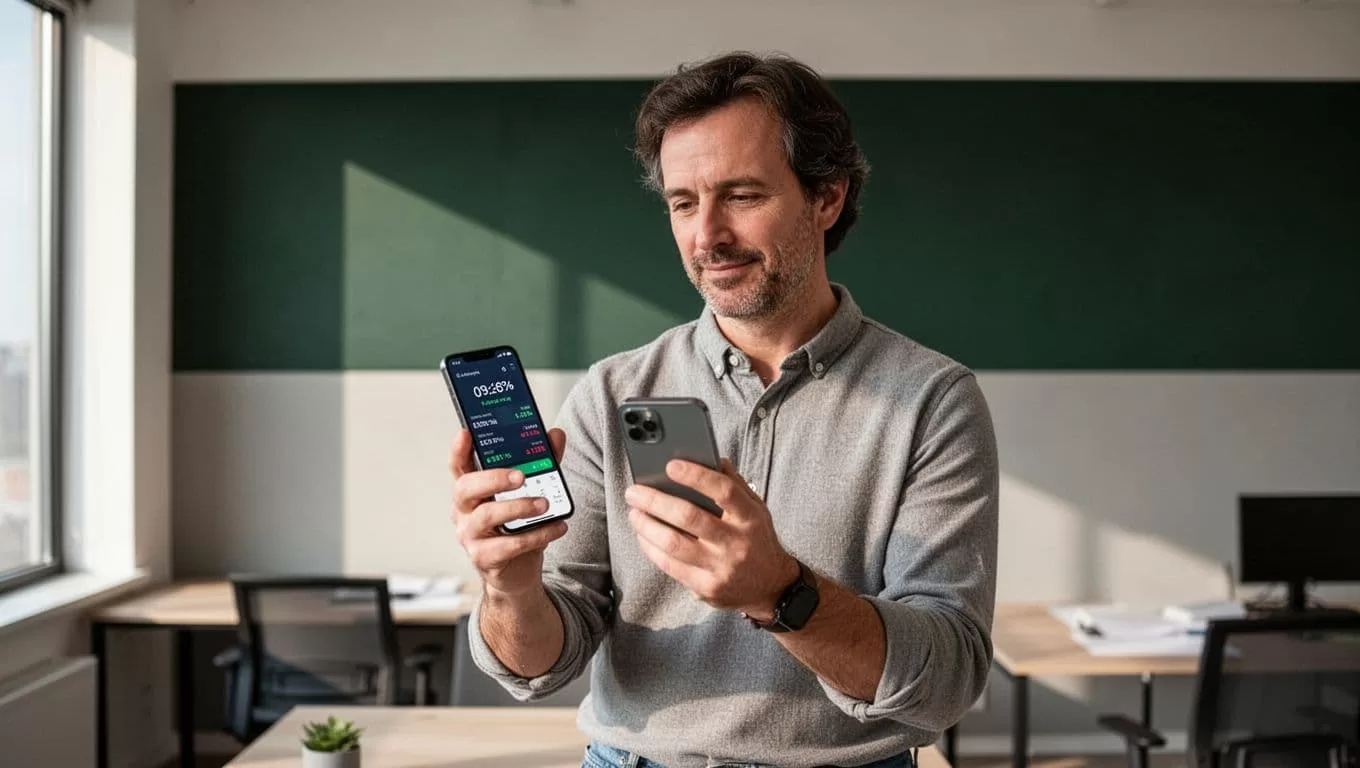 A person checks a money transfer app on their smartphone at an office desk.
