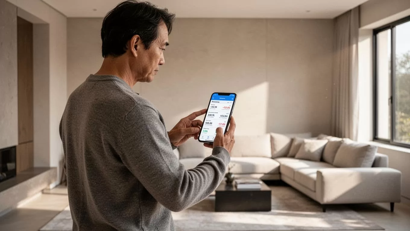 A person checking financial rates on a smartphone in a modern room.
