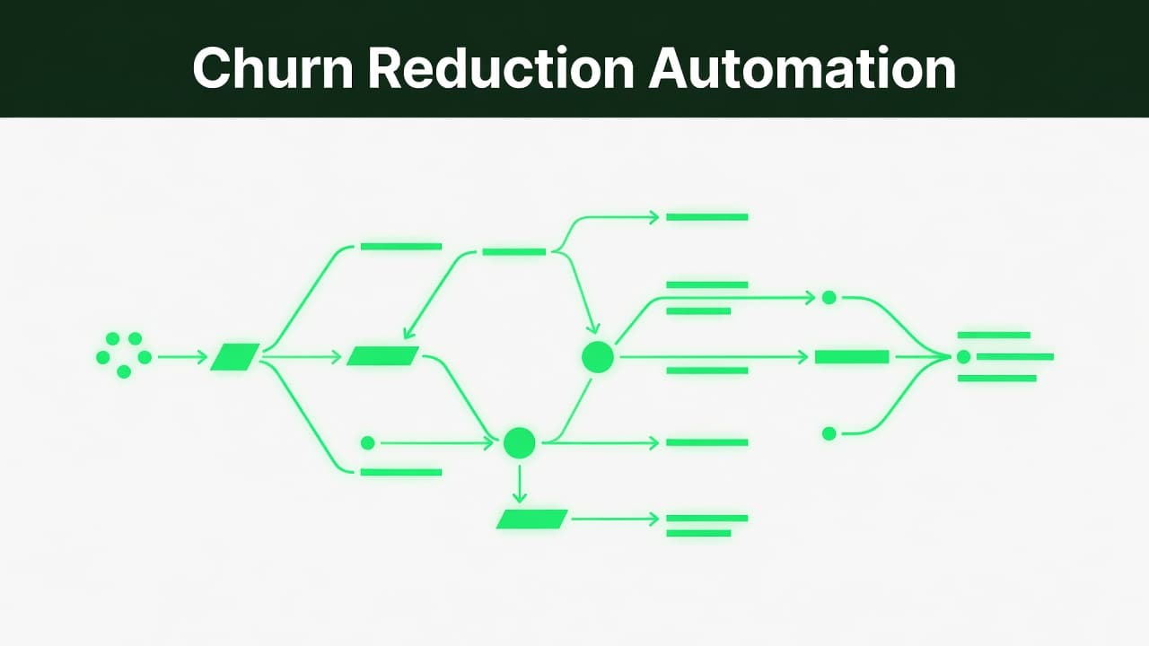 An abstract workflow graphic illustrating SaaS churn reduction and customer retention data flows.