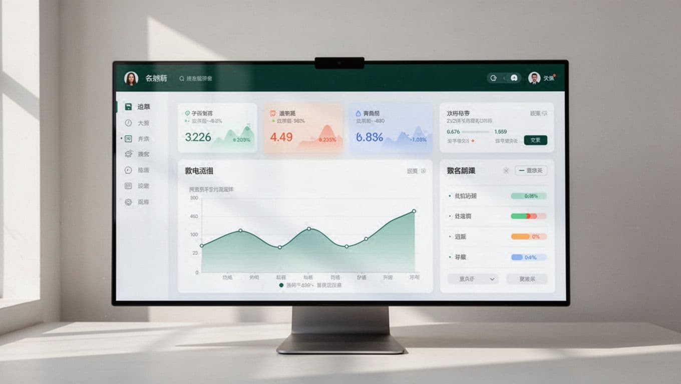 A dark green top banner and clean software dashboard displaying analytics metrics.