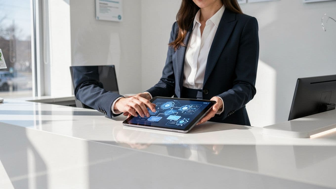 An receptionist uses a digital tablet at a modern clinic reception desk.