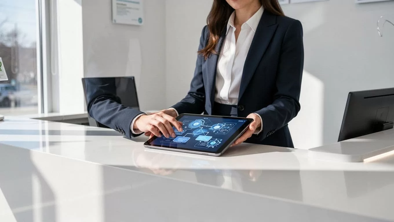 An receptionist uses a digital tablet at a modern clinic reception desk.