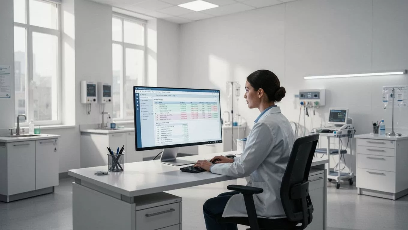 A person viewing clinical workflows on a computer monitor in a modern office.