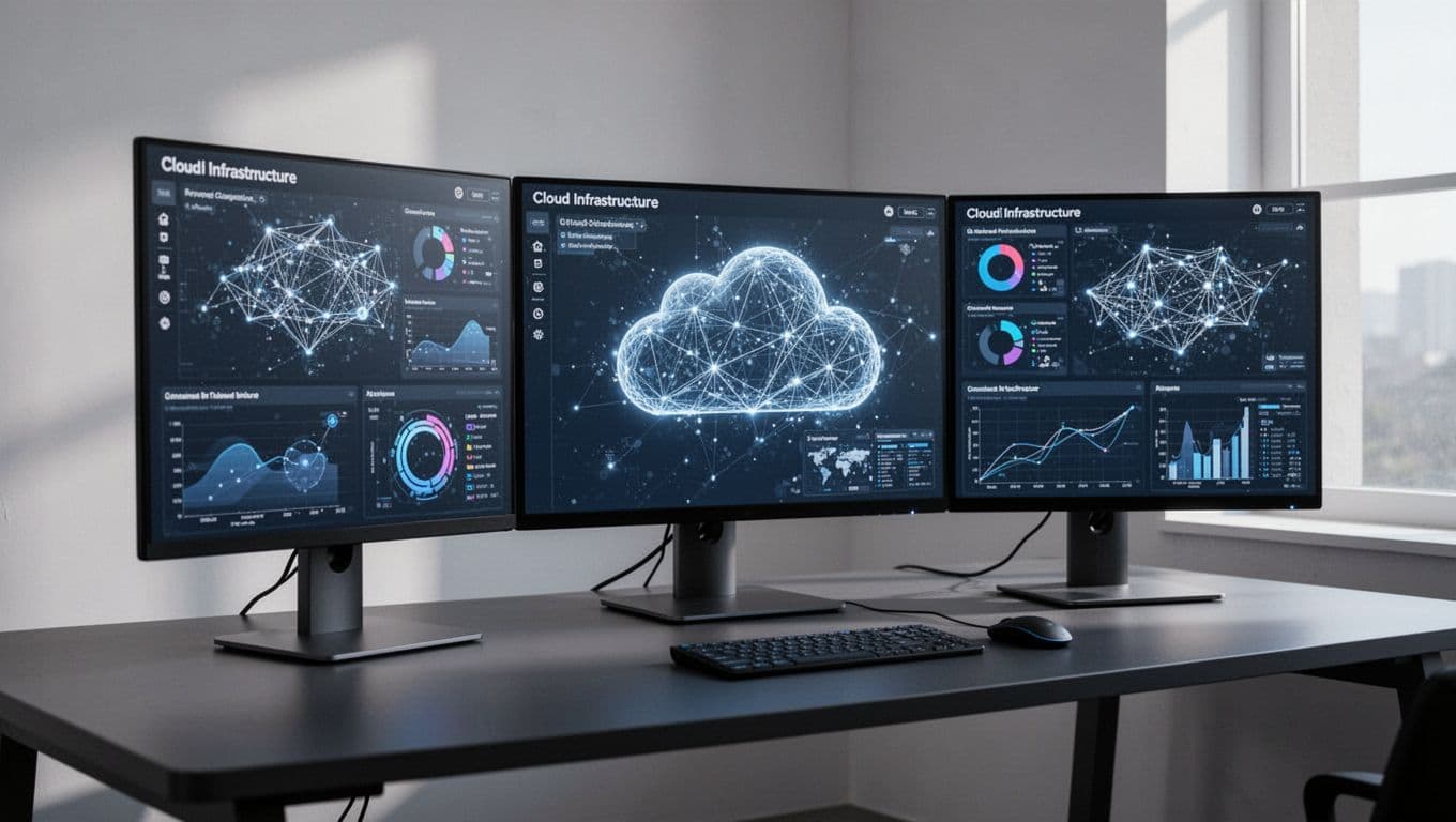 A dark green top banner and a minimal dashboard showing cloud infrastructure automation.