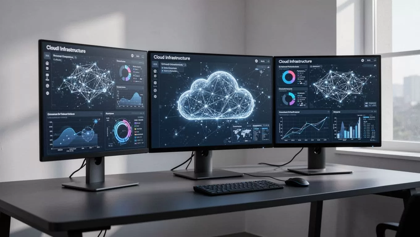 A dark green top banner and a minimal dashboard showing cloud infrastructure automation.