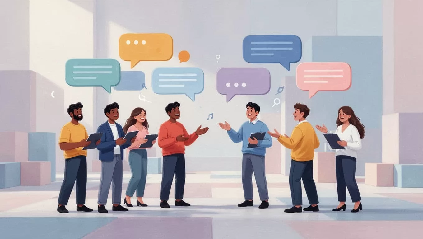 Stylized figures cluster around vibrant, translucent speech bubbles in this clean graphic composition. Soft-hued geometric shapes represent an open dialogue, fostering a professional yet inviting atmosphere for modern collaborative group interaction.