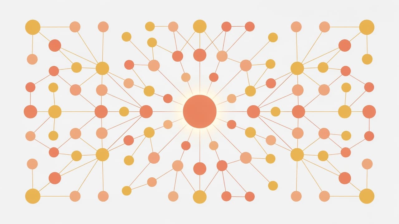 Interconnected glowing nodes form a central web against a soft cream background. Warm geometric shapes represent expanding connections, illustrating the organic evolution of a thriving and engaged member community group.