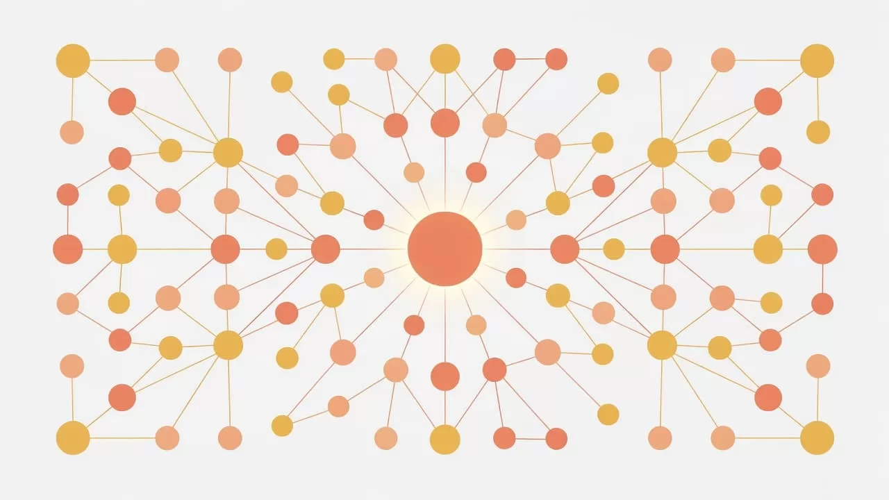 Interconnected glowing nodes form a central web against a soft cream background. Warm geometric shapes represent expanding connections, illustrating the organic evolution of a thriving and engaged member community group.