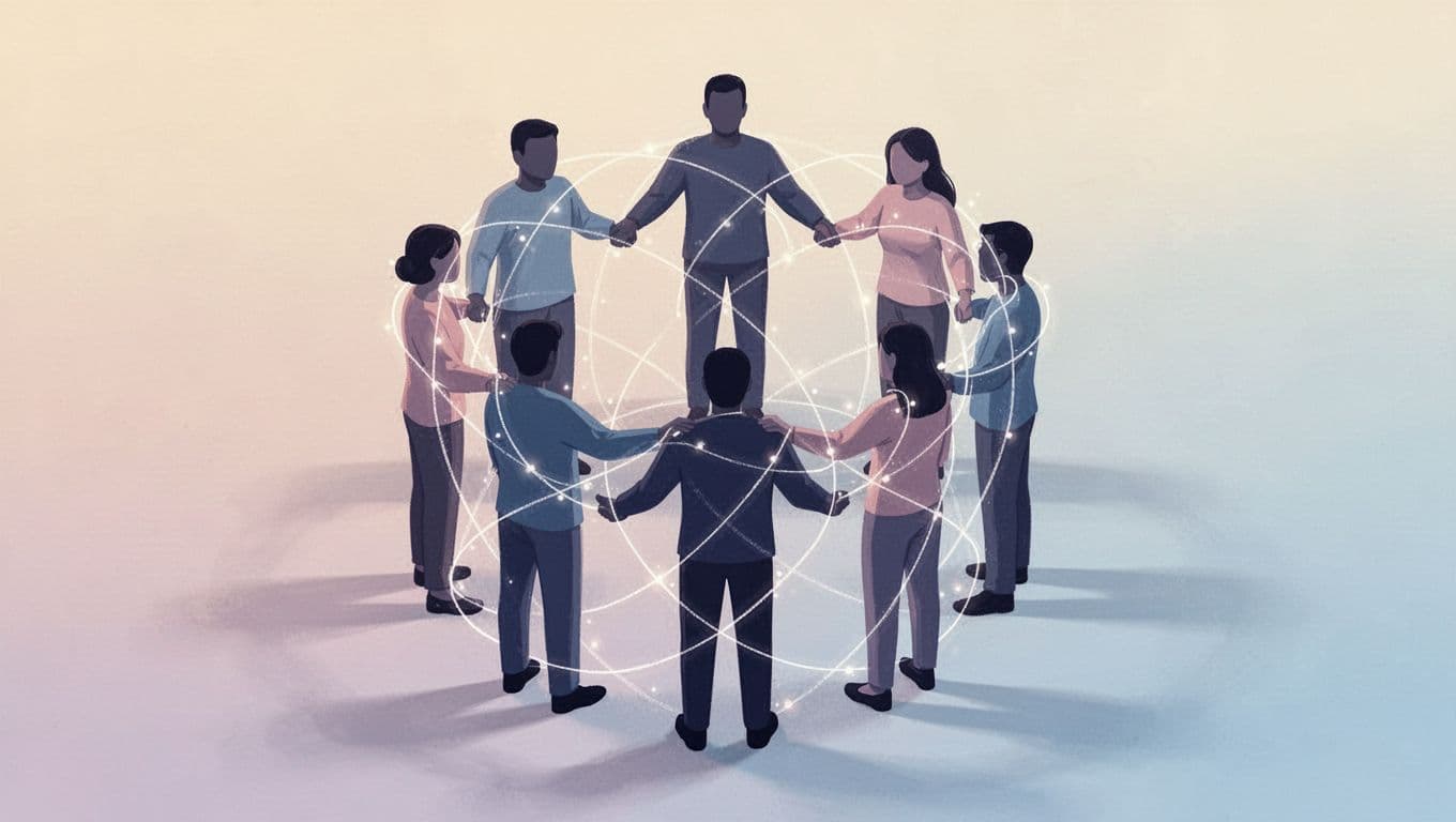 Stylized human figures are arranged in a tight circular formation, linked together by thin, continuous lines. This minimalist graphic composition emphasizes social connectivity and the formation of a collaborative professional network.