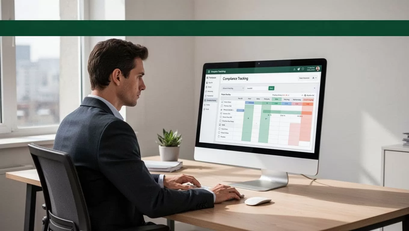 A professional working at a desk with a compliance tracking dashboard on screen.
