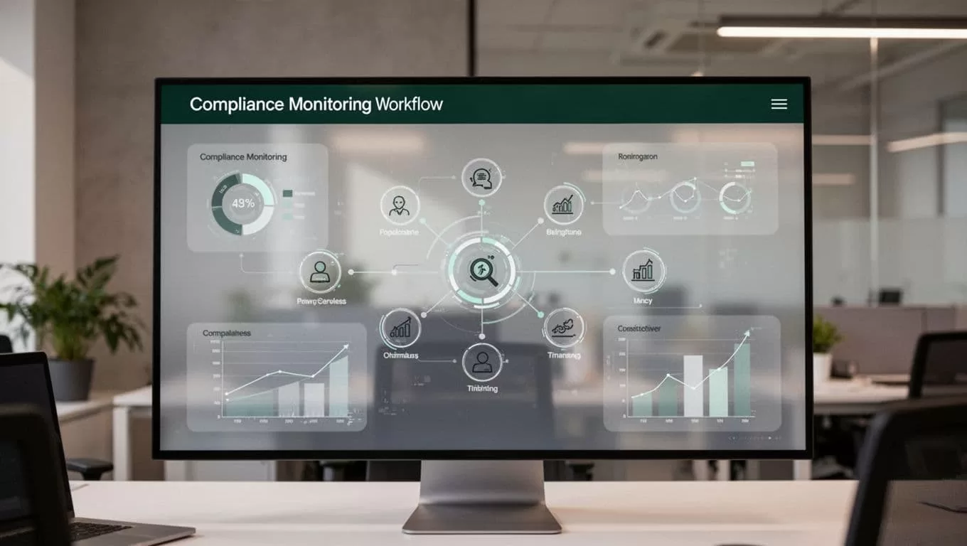 A minimalist compliance monitoring dashboard with a dark green header.
