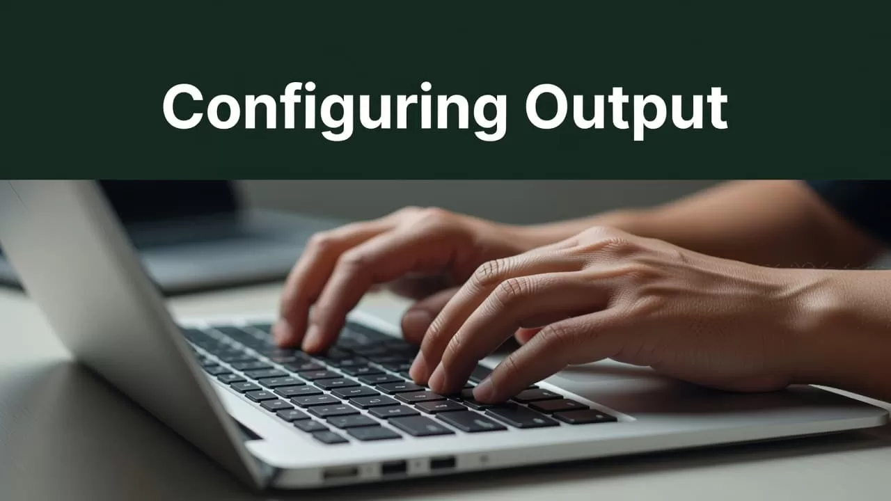 Close-up of hands typing on a laptop with a green header that reads Configuring Output.