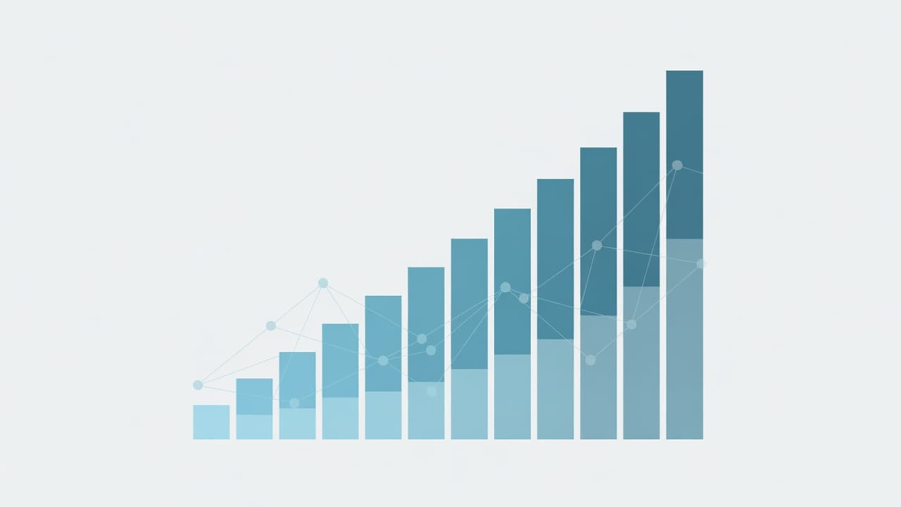 A series of sleek, ascending rectangular bars forms a steady upward staircase against a clean background. Soft blue and teal tones highlight the progressive movement representing consistent growth and reach amplification.