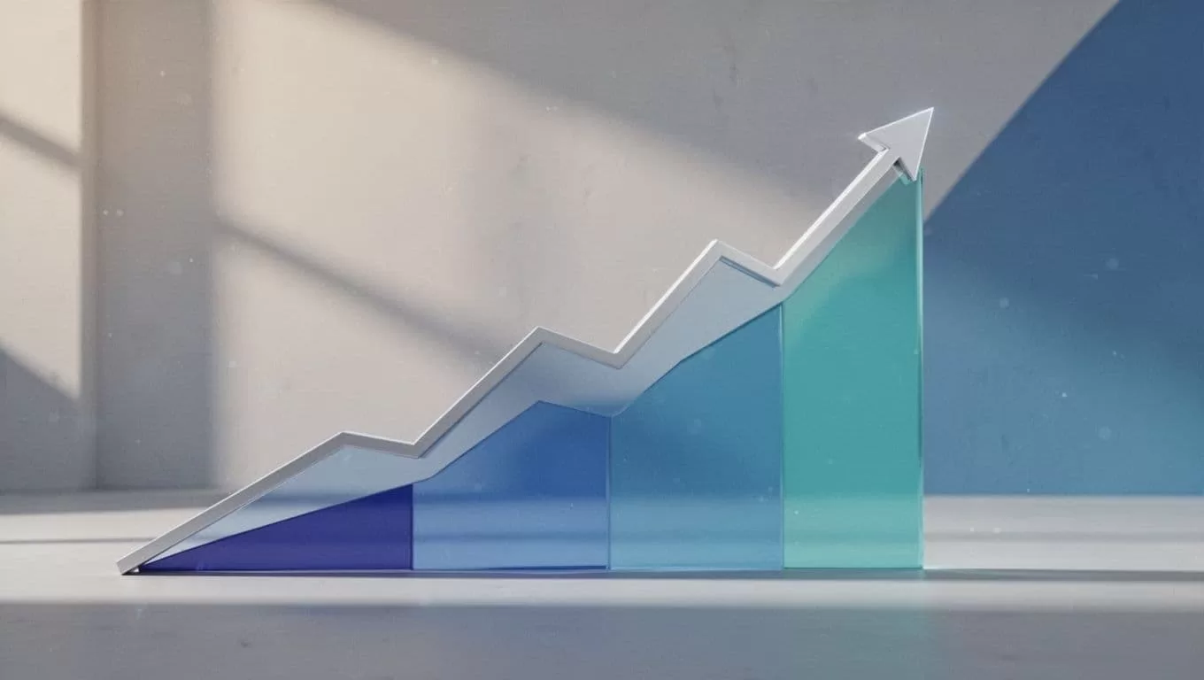 A stylized digital graph features a vibrant blue and teal trend line ascending across a clean neutral surface. Simple geometric shapes emphasize the steady upward trajectory of professional data analytics.