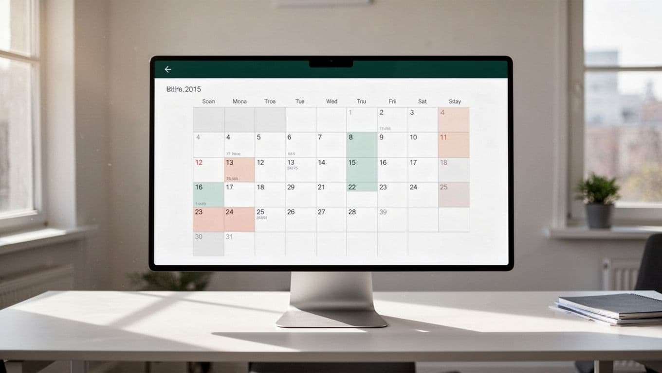 A digital calendar with marked dates rests on a tidy white desk. A dark green header bar featuring crisp white text reading Consistent Publishing sits prominently at the screen's top edge.