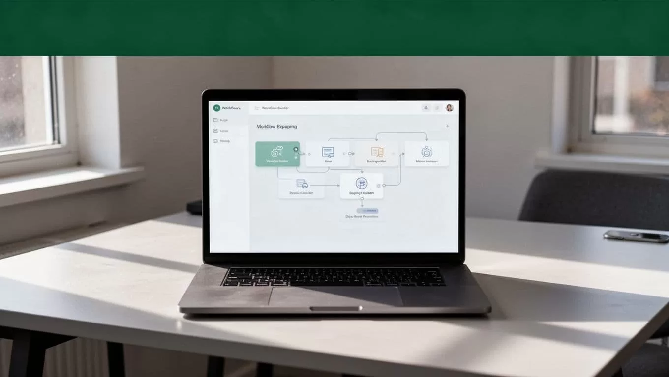 A laptop shows a workflow dashboard on a modern desk beneath a dark green header.
