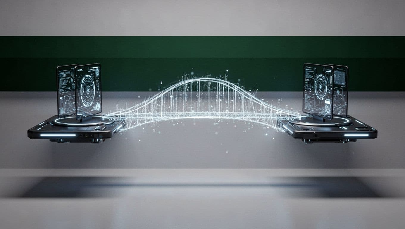 A minimalist graphic features a bold dark green horizontal band at the top containing geometric text. A sleek bridge structure connects two abstract tech platforms across a high-contrast professional background.