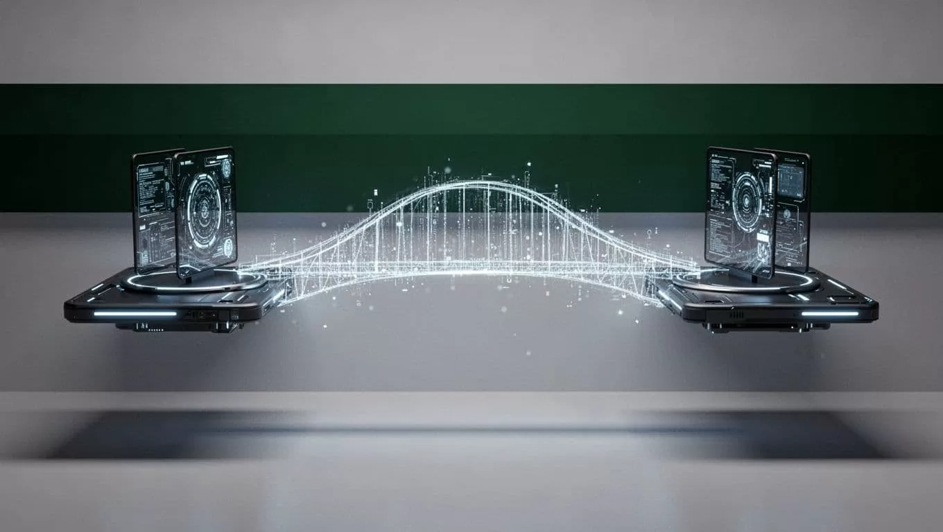 A minimalist graphic features a bold dark green horizontal band at the top containing geometric text. A sleek bridge structure connects two abstract tech platforms across a high-contrast professional background.