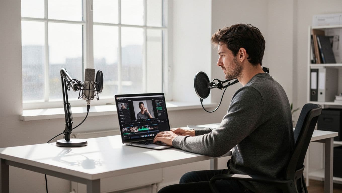 A focused editor sits at a minimalist desk equipped with a professional microphone and laptop. A deep green banner across the top frame highlights video strategy concepts for digital media production.
