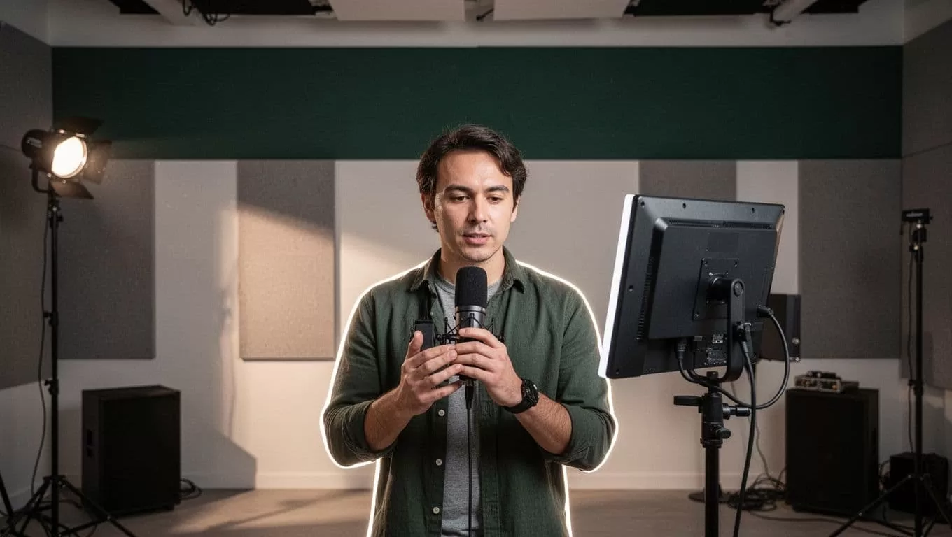 A creator recording video with a professional studio teleprompter and microphone.
