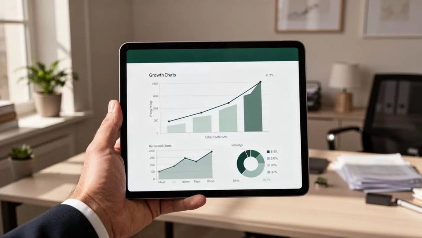 A professional hand holds a sleek tablet displaying simplified growth charts and data metrics. A prominent dark green header bar featuring bold white text sits against a blurred, modern office backdrop.