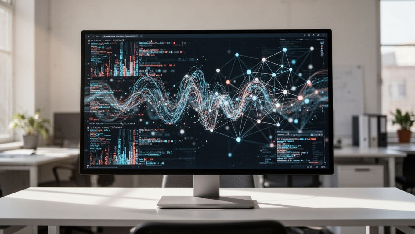 A digital monitoring screen displaying data streams and RSS feed nodes with a top headline band.