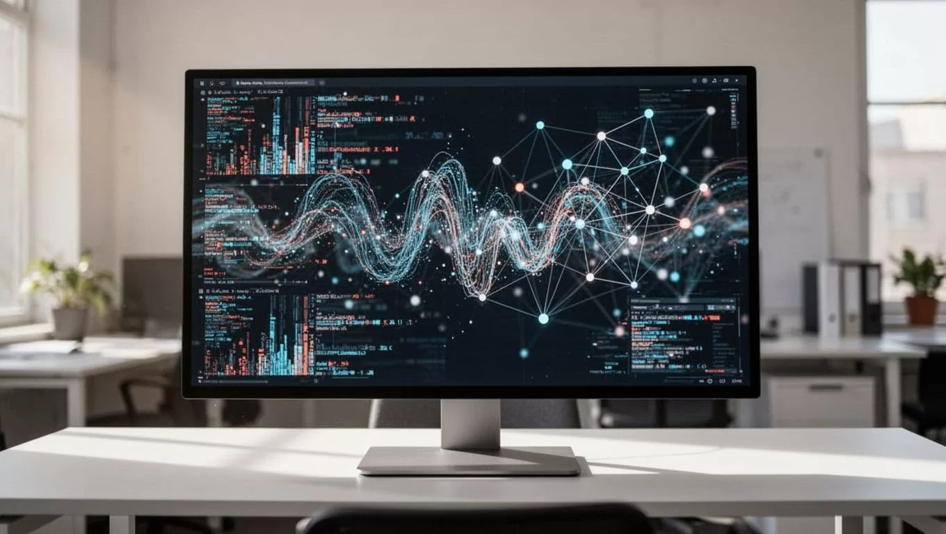 A digital monitoring screen displaying data streams and RSS feed nodes with a top headline band.