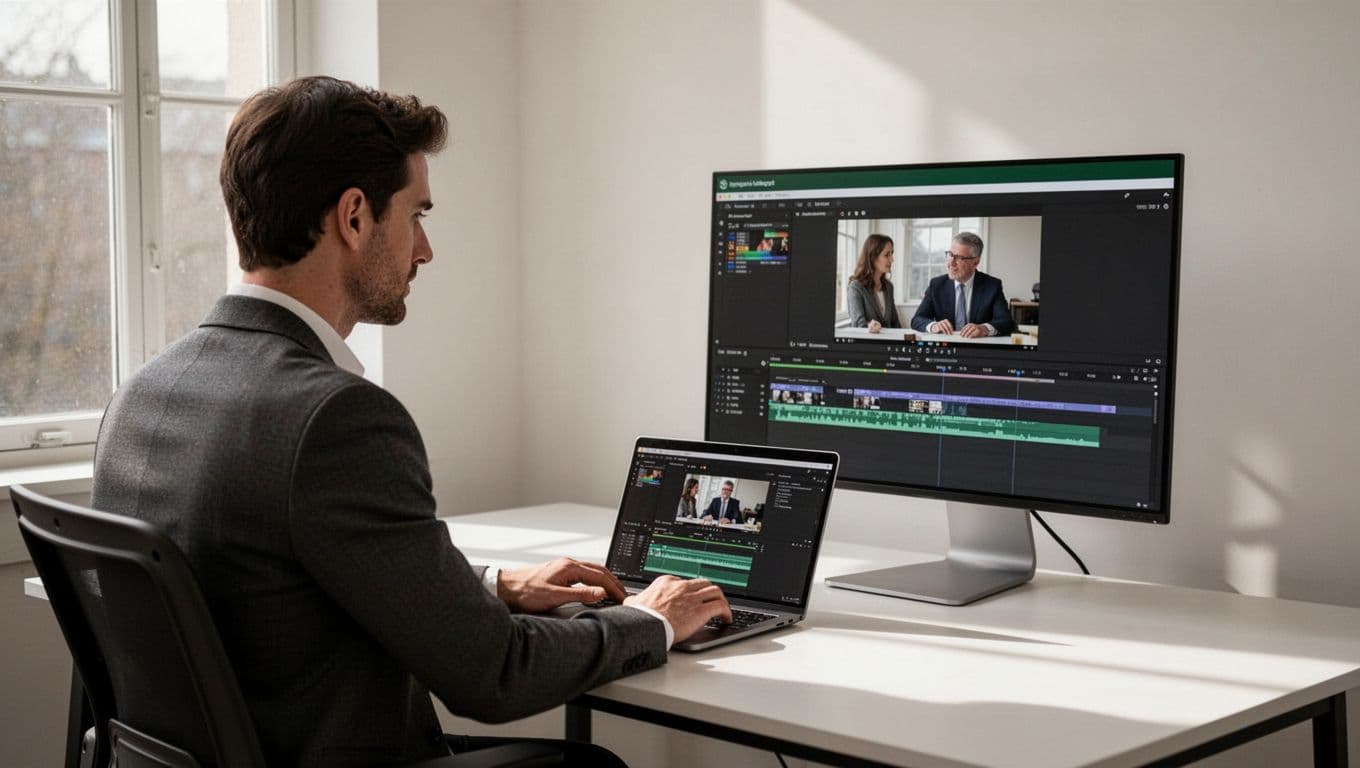 A professional editor works at a desk featuring a laptop and an external monitor displaying a video timeline. A dark green header with white text spans across the top portion.