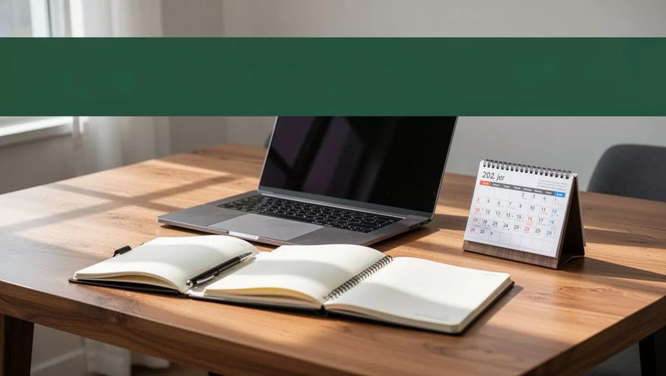 A wooden desktop features an open laptop, a spiral notebook, and a physical calendar for organization. A dark green header bar displays white geometric text identifying the workspace as content planning.