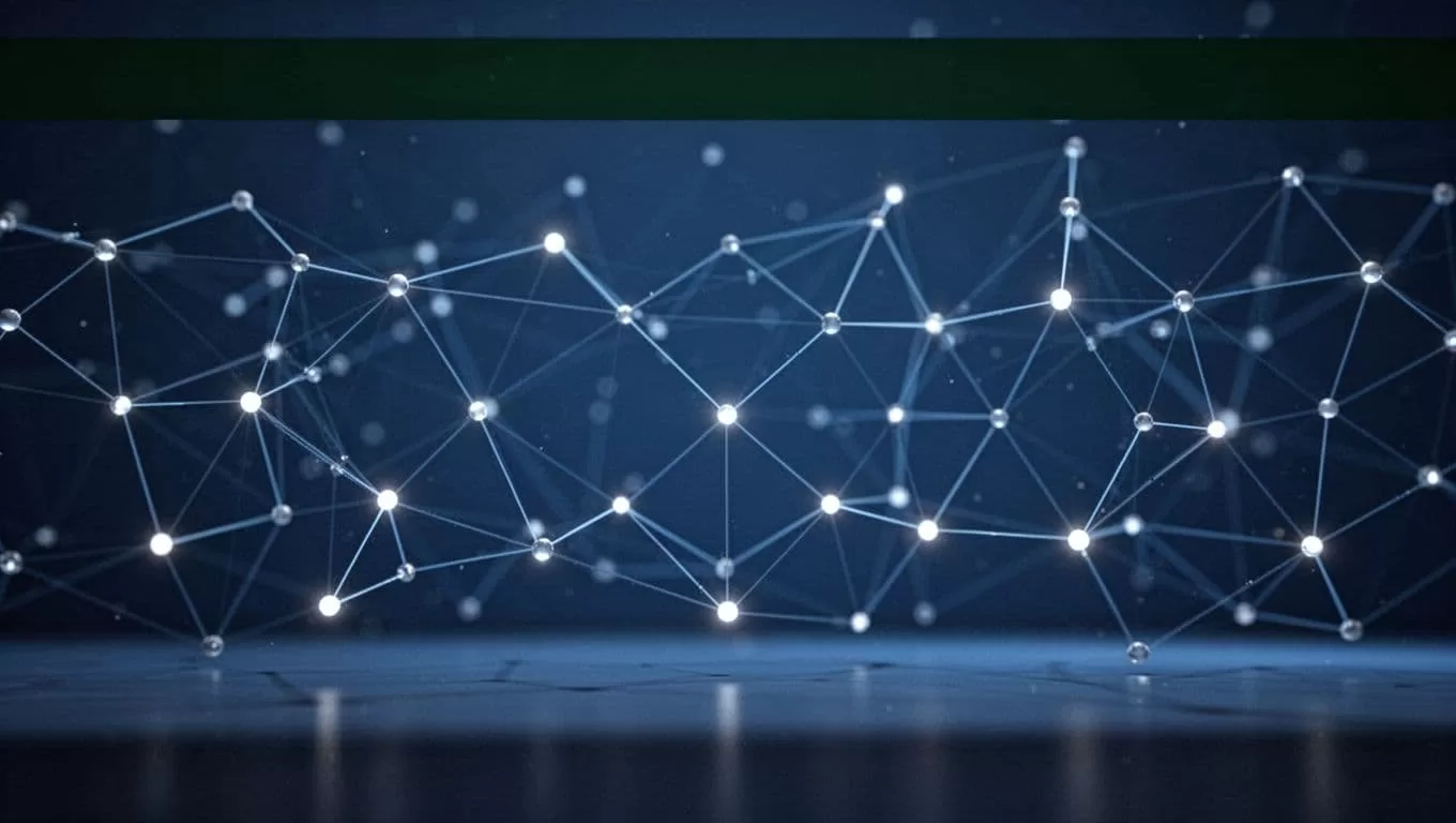 Glowing interconnected nodes and geometric lines span a deep blue background. A prominent dark green horizontal header at the top contains professional white text outlining a content planning strategy overview.