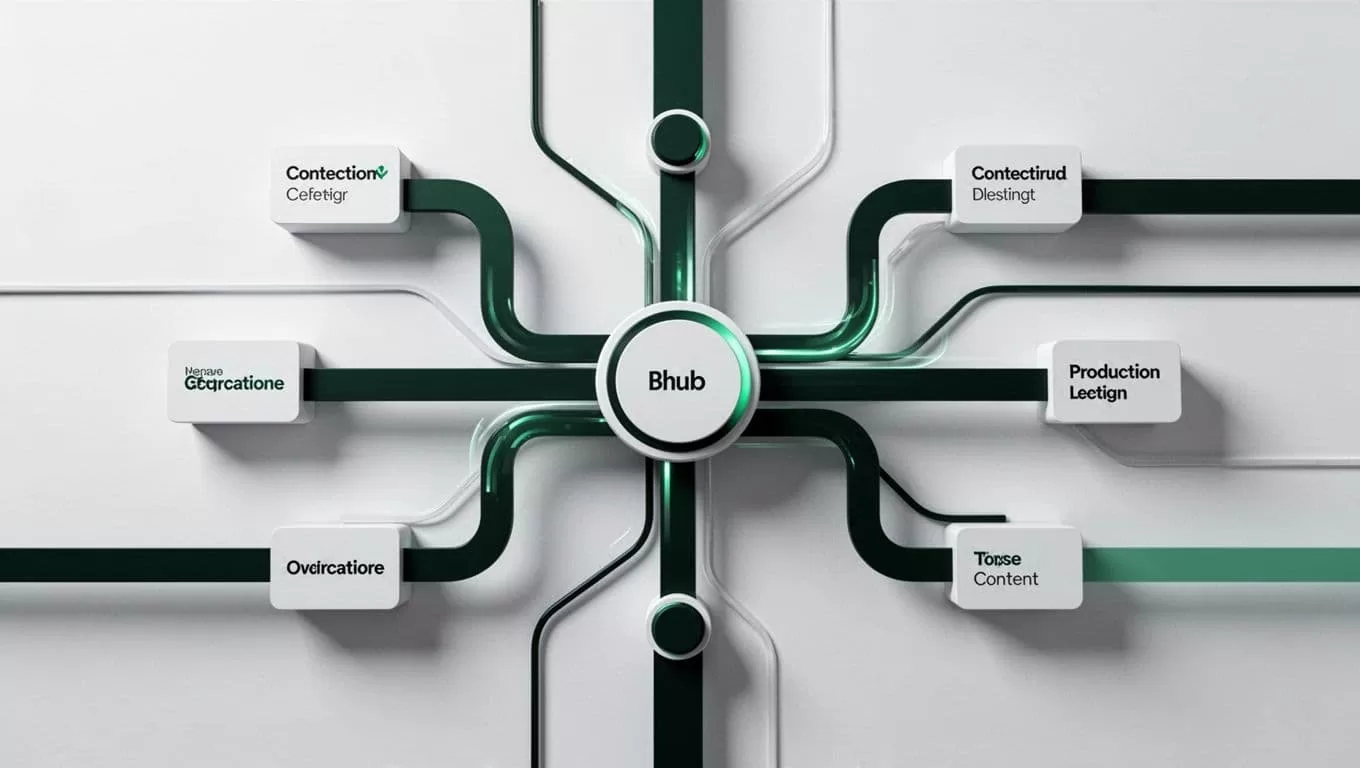 A dark green horizontal band contains the bold headline Content Production Shift. Below this, a minimalist geometric illustration features a centralized hub connected to an automated workflow pipeline on a light background.