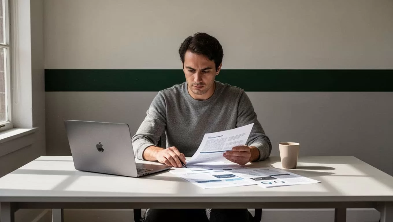 A strategist reviews drafts beside a laptop and coffee under a Human Review banner.