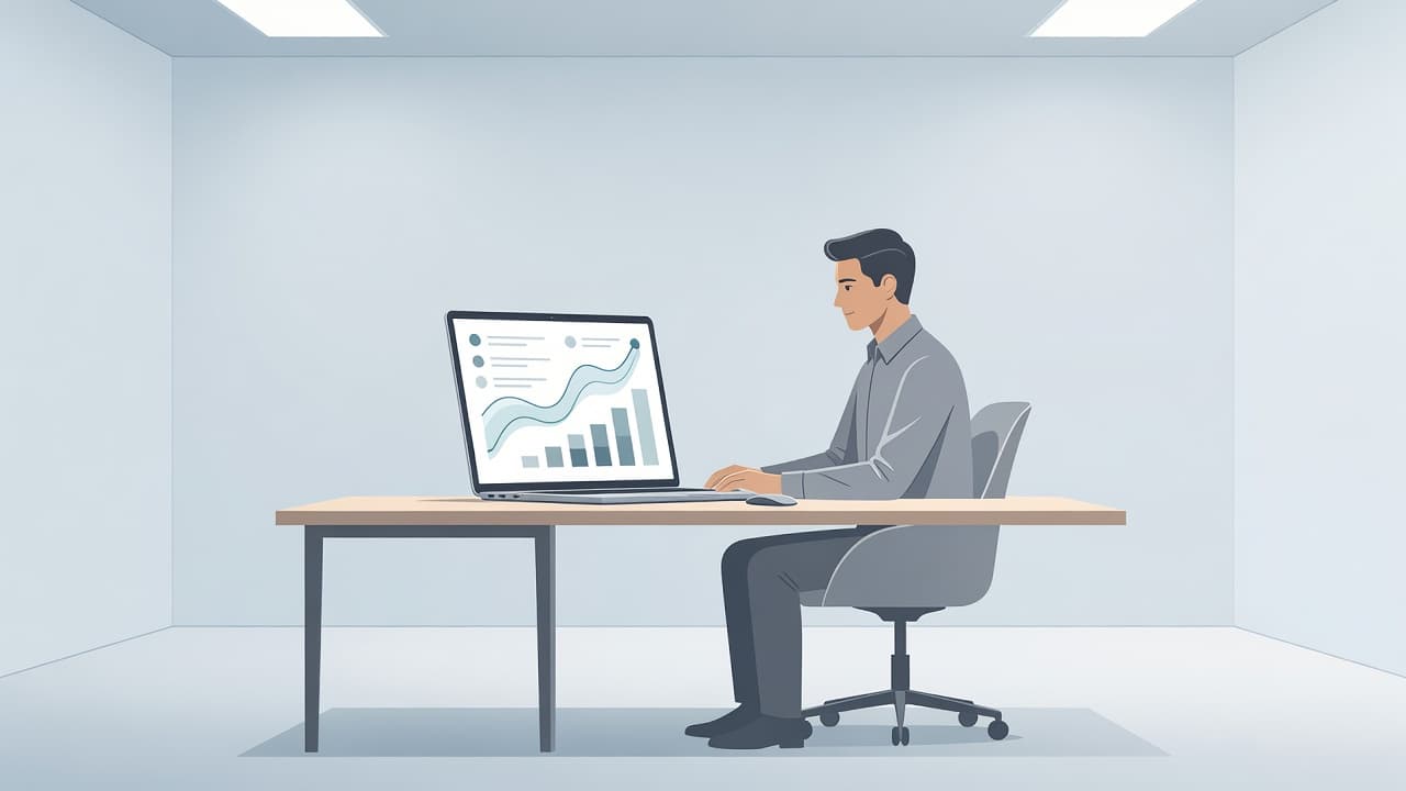 A focused professional sits at a minimalist desk reviewing a digital dashboard on their laptop. Soft ambient lighting highlights the clean geometric shapes of the workspace and organized desk accessories.