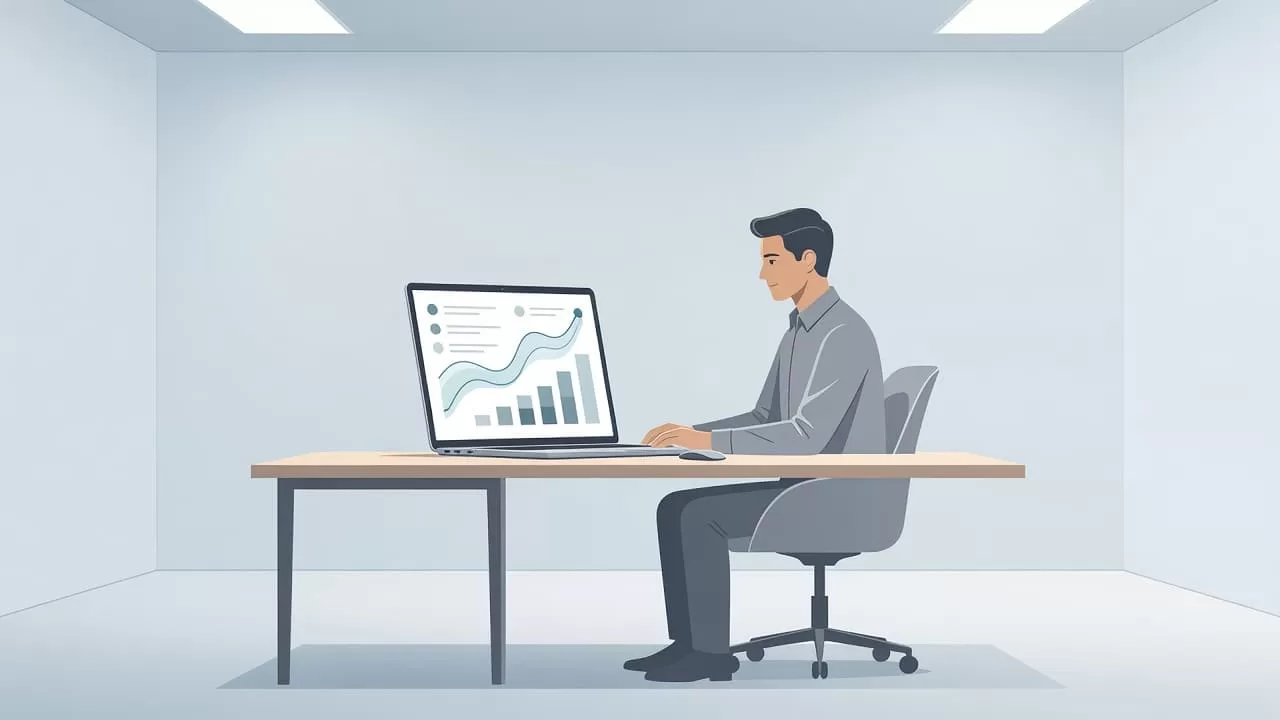 A focused professional sits at a minimalist desk reviewing a digital dashboard on their laptop. Soft ambient lighting highlights the clean geometric shapes of the workspace and organized desk accessories.