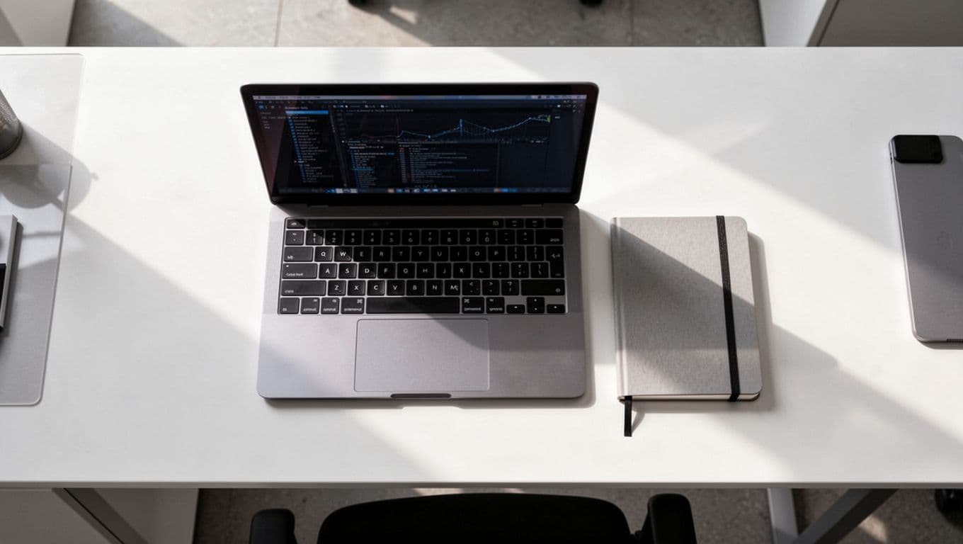 A top-down view of a minimalist office desk featuring a laptop and notebook placed side-by-side. A dark-green banner at the top prominently displays white bold text for content strategy planning.