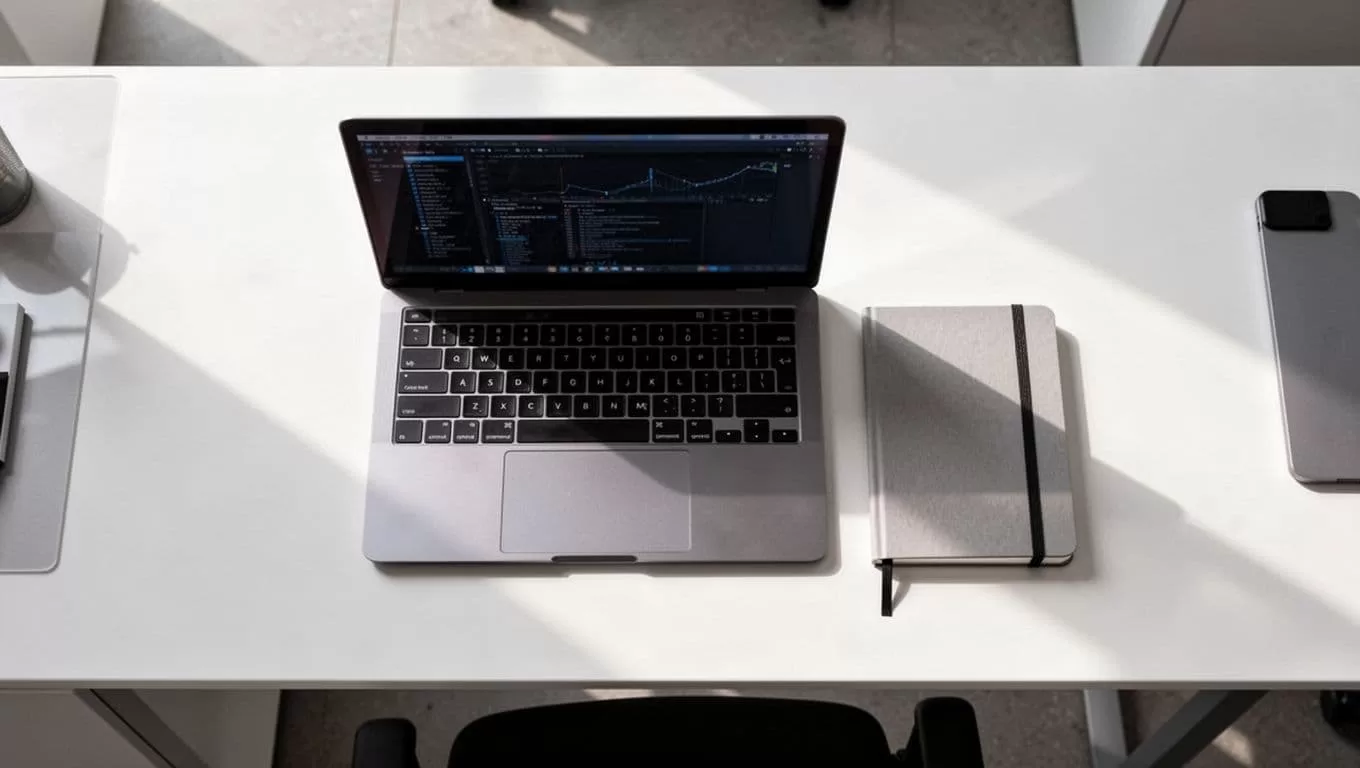A top-down view of a minimalist office desk featuring a laptop and notebook placed side-by-side. A dark-green banner at the top prominently displays white bold text for content strategy planning.