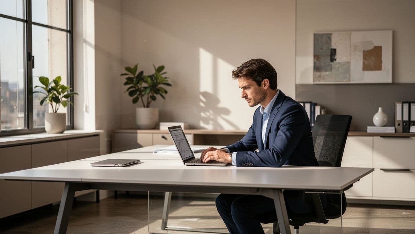 A focused individual works on a modern silver laptop inside a minimalist office. A bold dark green header featuring white sans-serif text reading Content Strategy spans across the top edge.