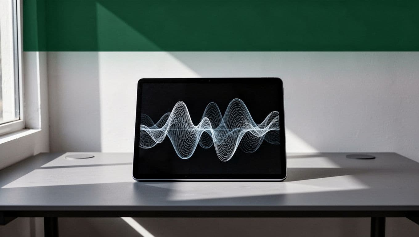 A tablet with an audio waveform display on a clean desk under a green content heading.