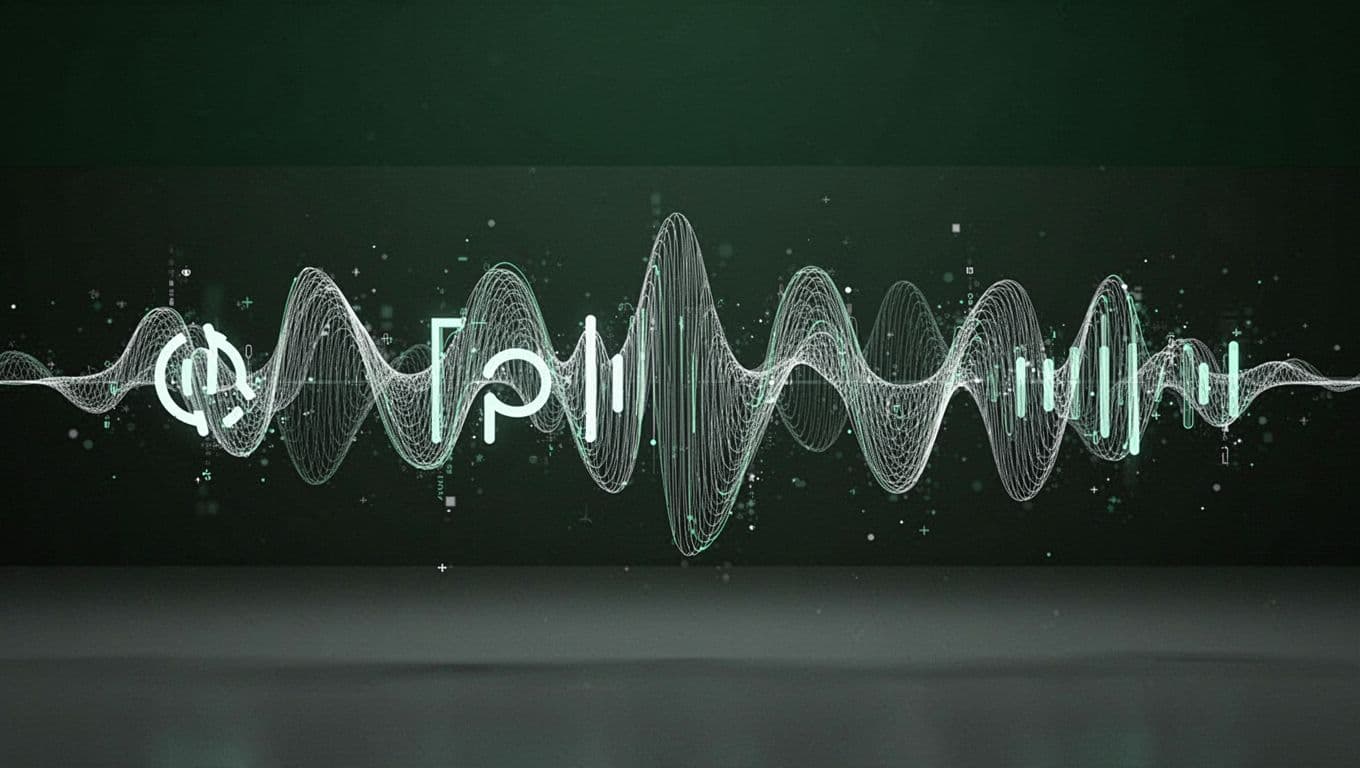 A dark green horizontal bar labeled Content To Audio sits above a minimalist arrangement of flowing white sound waves against a stark black background, emphasizing a smooth digital conversion process.