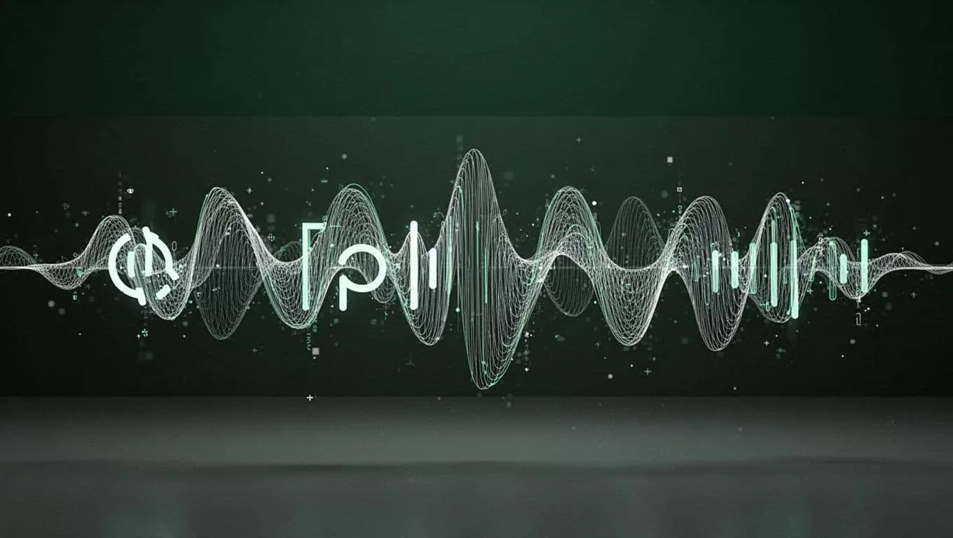 A dark green horizontal bar labeled Content To Audio sits above a minimalist arrangement of flowing white sound waves against a stark black background, emphasizing a smooth digital conversion process.