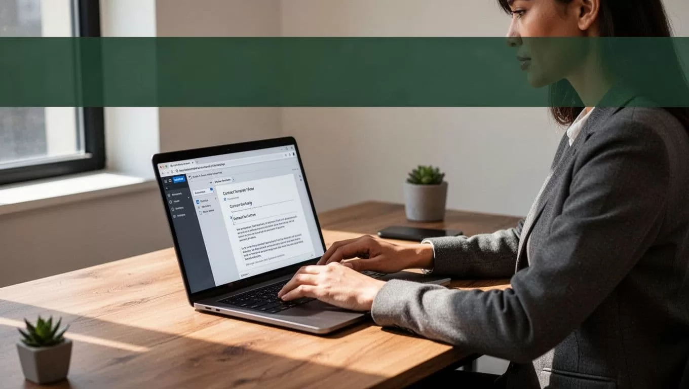 An open laptop on a wooden desk with a dark-green banner above it.
