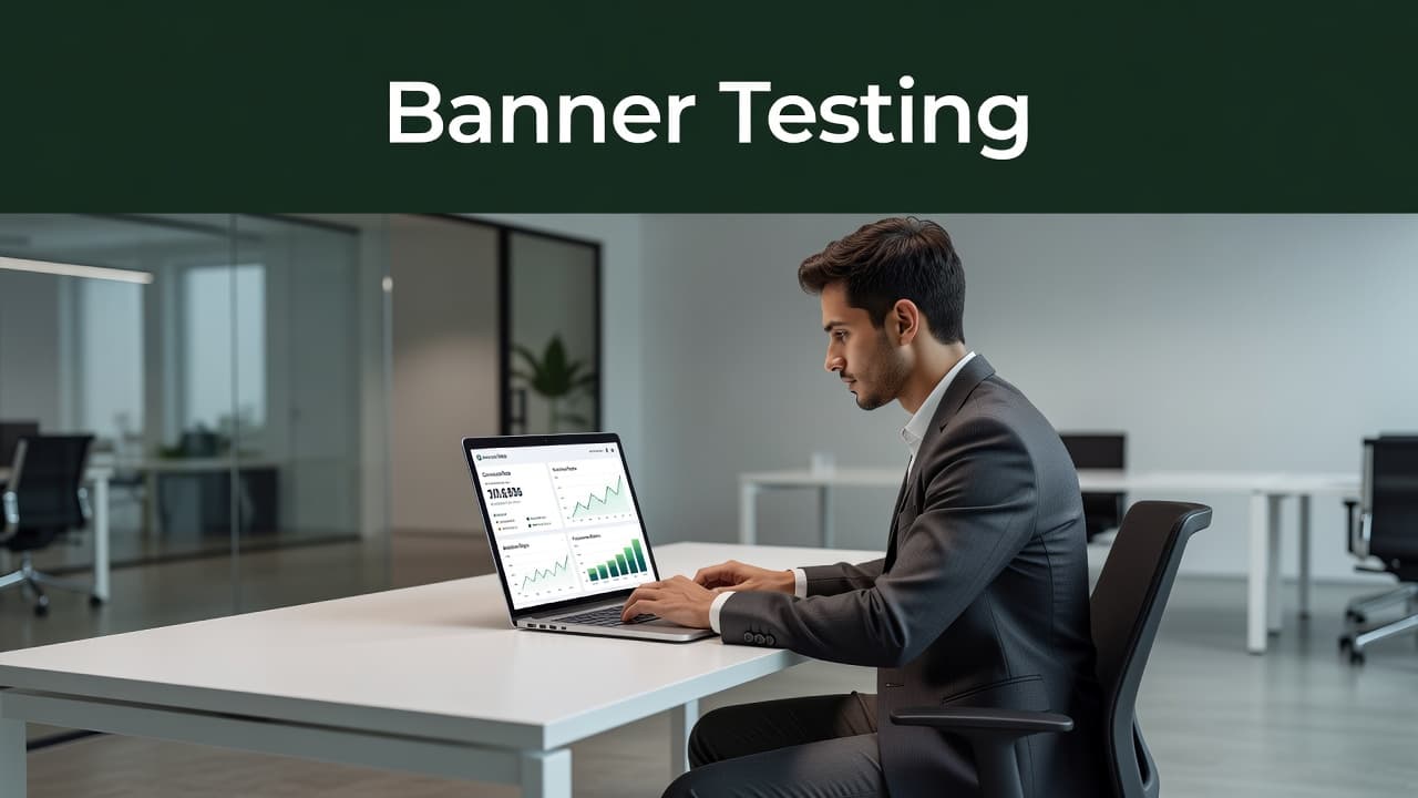 A dark green banner above an analytics dashboard showing conversion graphs and a person using a laptop.