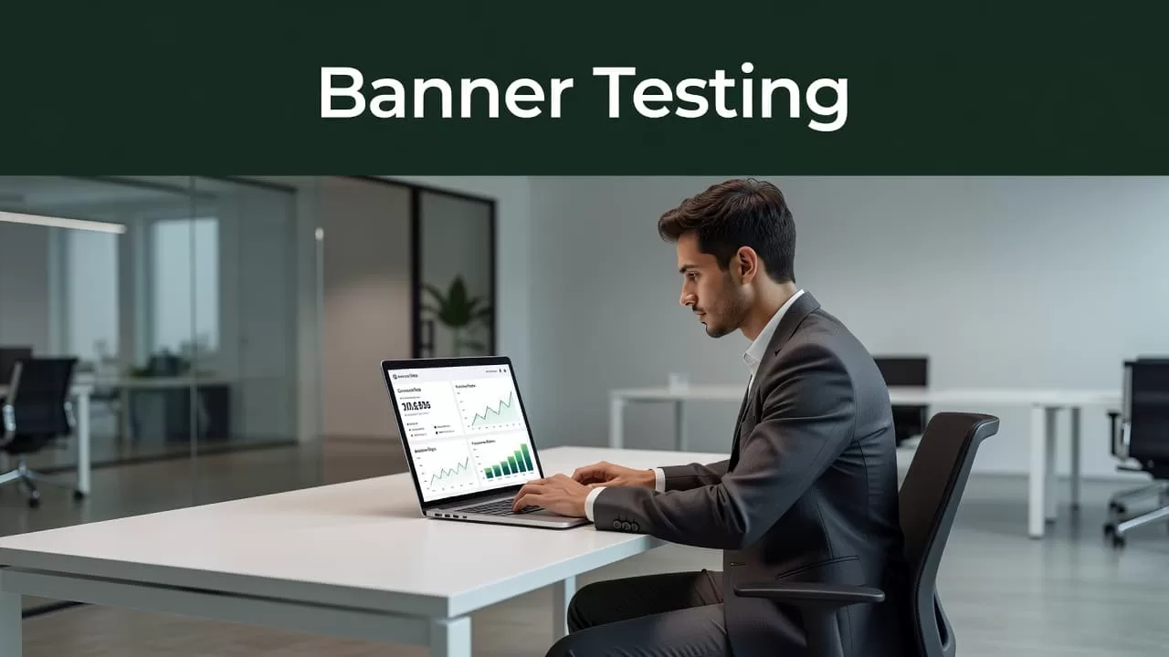 A dark green banner above an analytics dashboard showing conversion graphs and a person using a laptop.