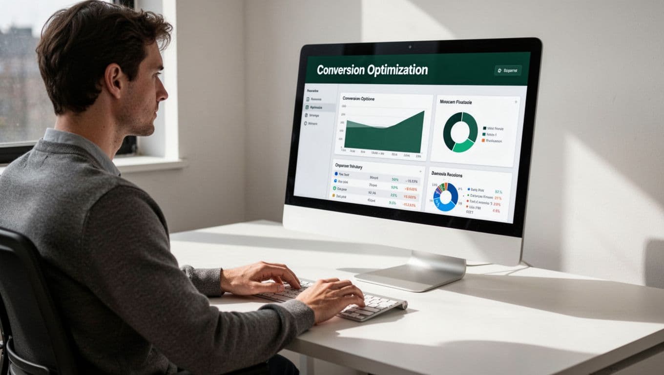 A computer screen showing a conversion optimization dashboard on a clean office desk.