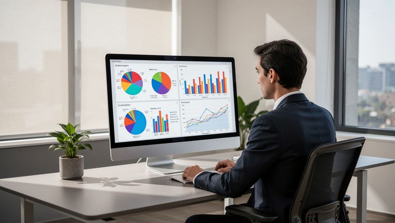 A professional reviewing conversion rate charts on a computer screen at a clean desk.