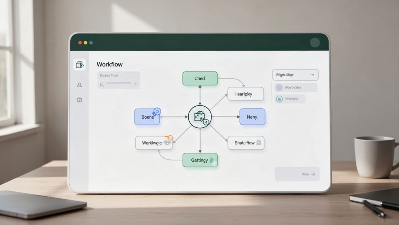 Minimalist interface displaying a workflow diagram and a dark green accent header.