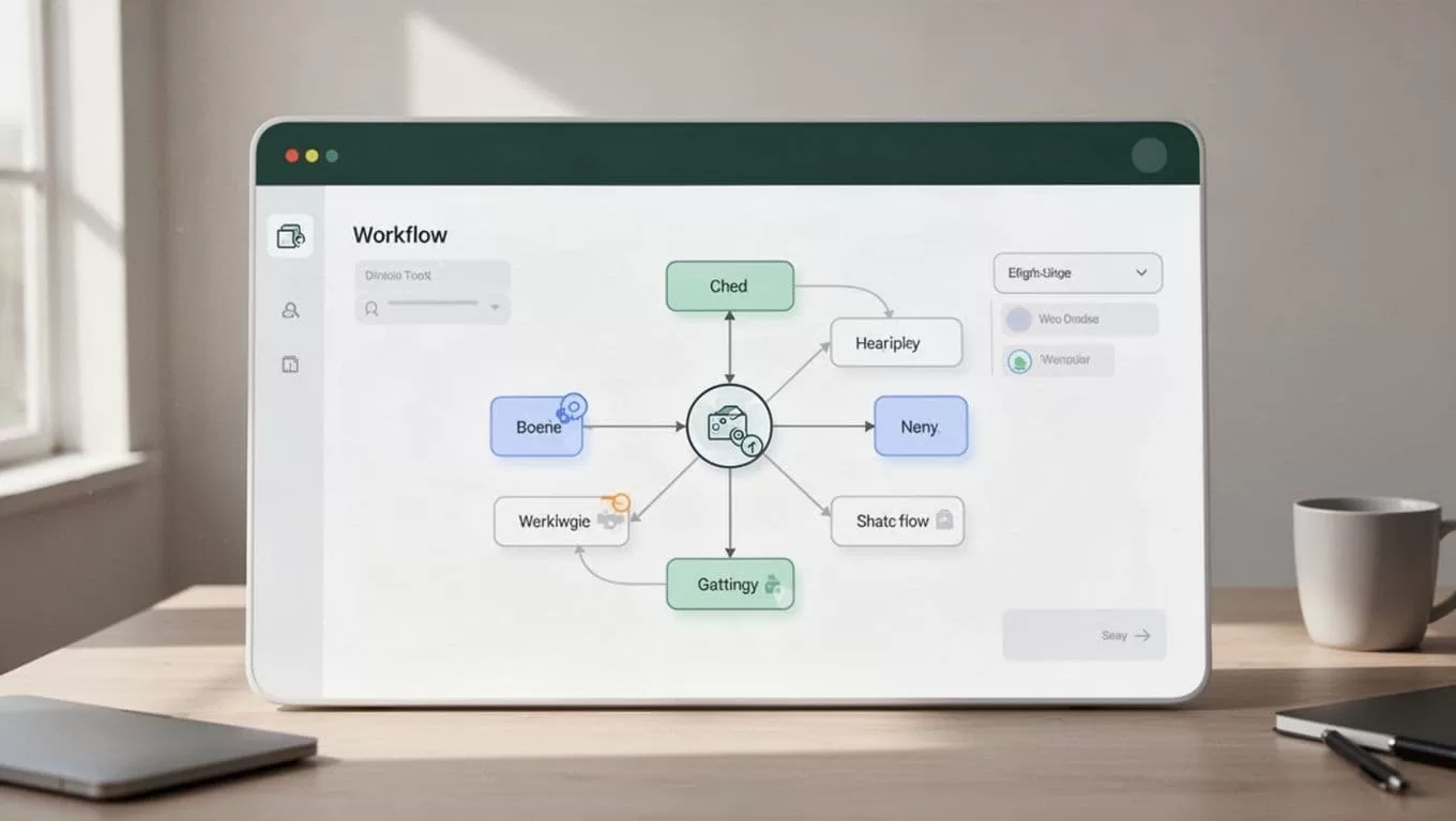 Minimalist interface displaying a workflow diagram and a dark green accent header.