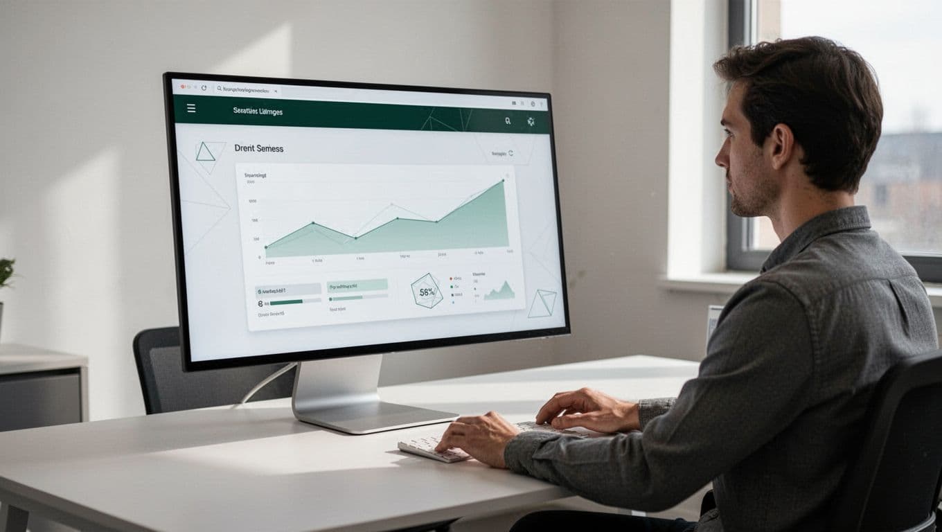 A professional looking at a clean software dashboard on a modern monitor with a dark green accent bar.